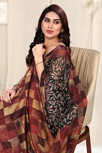 Image of MIRCHI FASHION Women Saree | Chiffon Leaf and Checked Print Professional Office Sari with Blouse