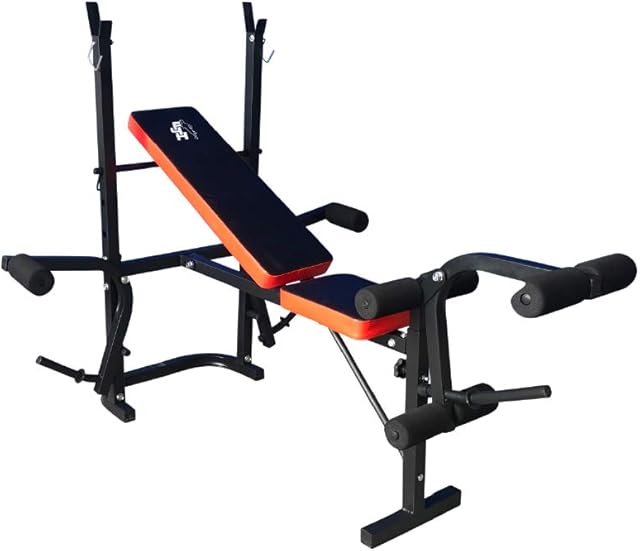 Fit4home All in One Weight Bench with Barbell Rack, Butterfly and Leg Raise Extensions, Incline Adjustable and Foldable for Home Gym Weightlifting Workout Training | TF-1001