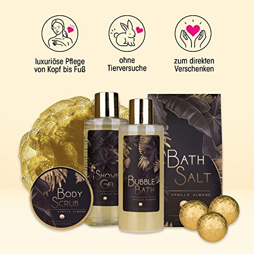 accentra - Women's Vanilla-Almond Scent Gift Set - Luxe Beauty Set met douchegel, badzout, bodylotion, scrub & net spons etc. - 9-delige badset voor vrouwen met glitter keramische stiletto - Afbeelding 5