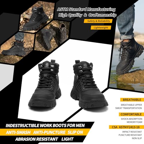 KELODON Waterproof Steel Toe Boots For Men-6 Inch Comfortable Mens Safety Work Boots Indestructible Steel Toe Shoes Lightweight Non Slip Puncture Resistant Industrial Construction Boot3