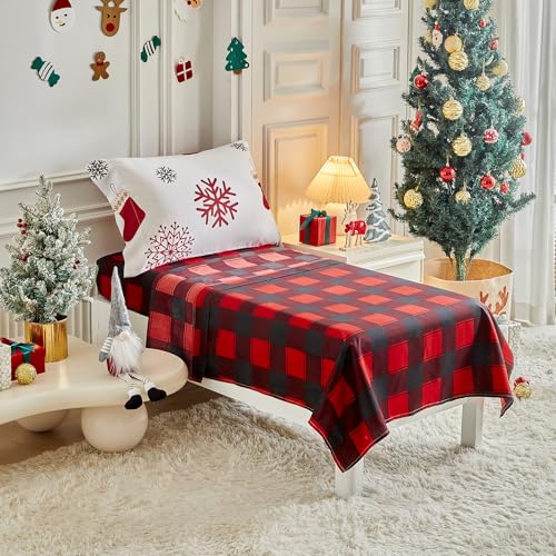 Image of Christmas Toddler Bedding Set for Boys Girls Red White Sock Colorful Holiday 4PC Toddler Bed Set - Cute Toddler White Bed in a Bag with Gray Red Snowflake