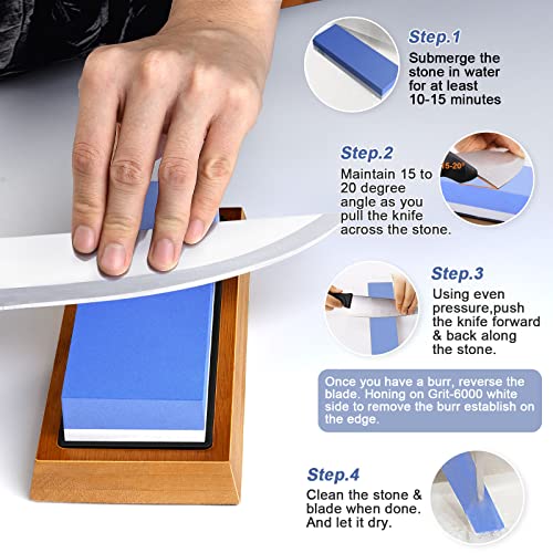Whetstone Sharpening Stone Knife Sharpener, 2 Side 1000/6000 Grit Knife Sharpening Wet Stone Tool Kit For Kitchen Hunting, Non-Slip Bamboo Base Angle Guide Sharpening Stones For Knives #TOP4