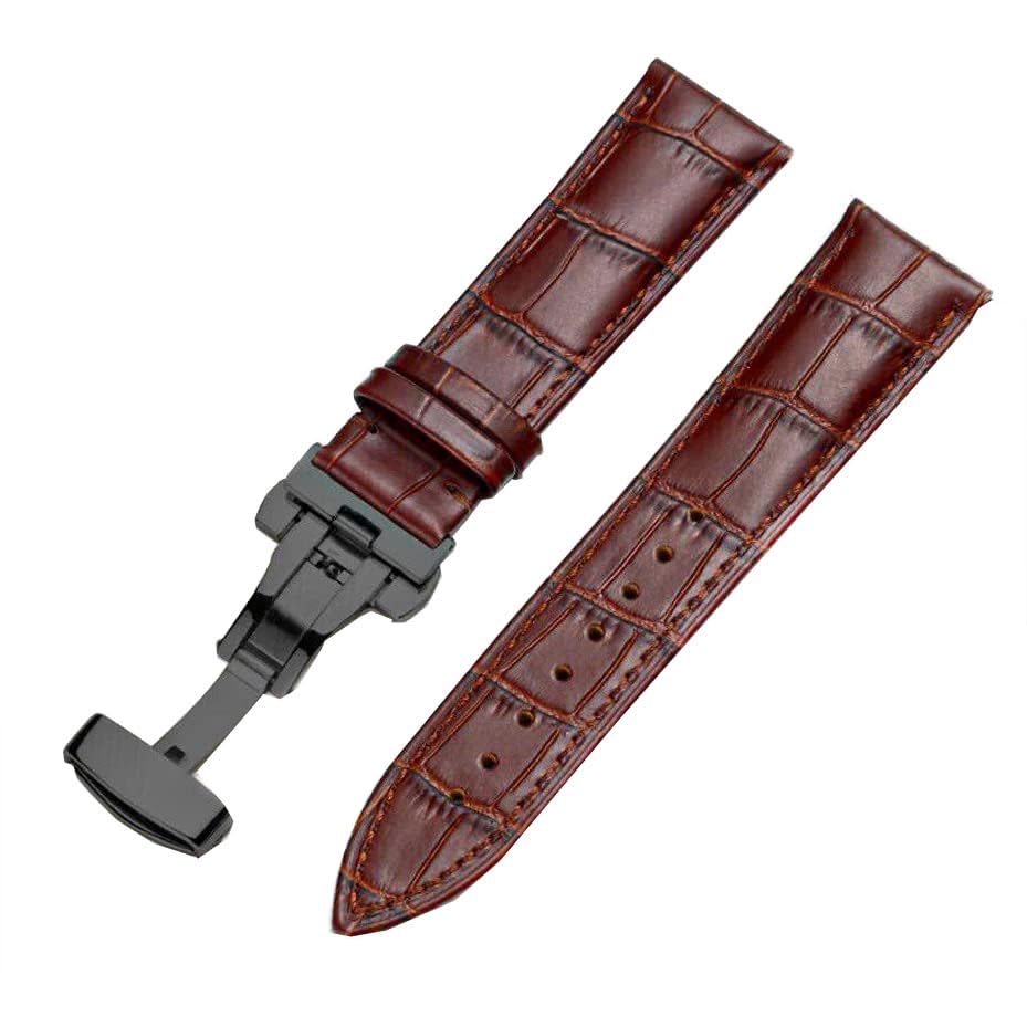 Image of 18mm 19mm 20mm 21mm 22mm 23mm 24mm Genuine Leather Butterfly Deployment Clasp Buckle Watch Band Strap Black Dark Brown TAN Blue Rose Black Gold White