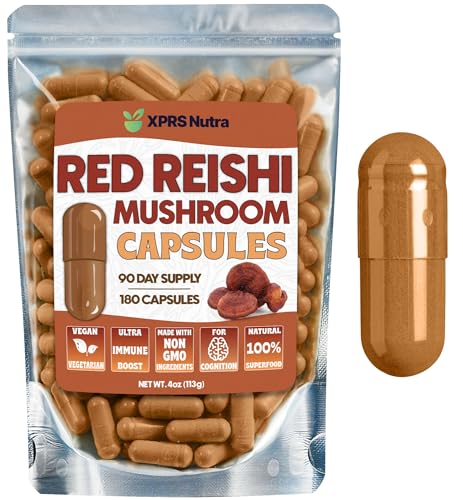 Image of XPRS Nutra Reishi Mushroom Capsules - 180 Count Red Reishi Mushroom Capsules - 3 Month Supply Real Mushrooms Supplement Pills for Cognitive and Immune Boost - Superfood Hongo o