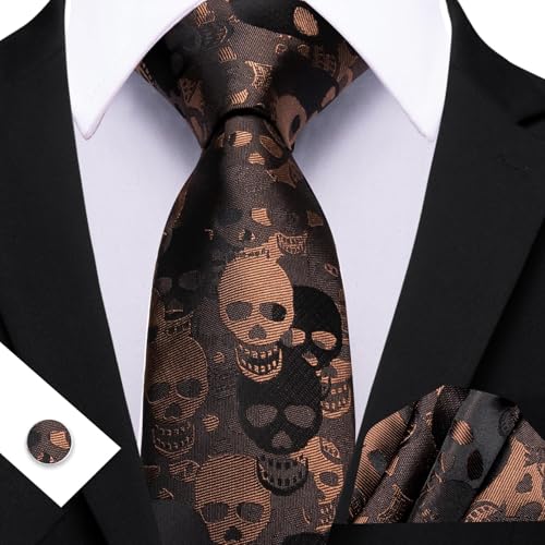 Image of Barry.Wang Man Tie Sets Skull Ties Animal Extra Long Necktie Silk Woven Handkerchief Cufflinks Festival Party Gift