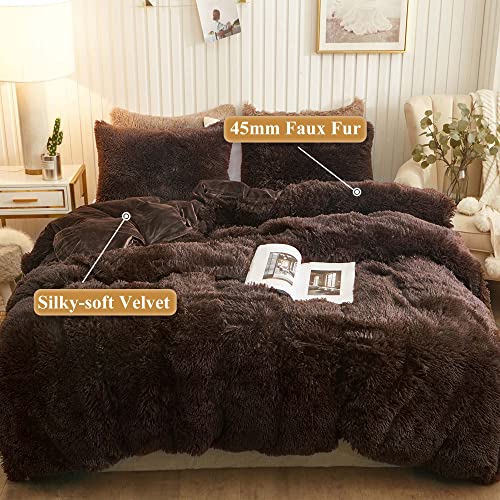 Image of XeGe Plush Shaggy Brown Duvet Cover, Luxury Ultra Soft Velvet Fuzzy Bedding 1PC(1 Faux Fur Duvet Cover), Fluffy Furry Comforter Cover for Bedroom Home Decoration, Zipper Closure(Queen, Coffee)