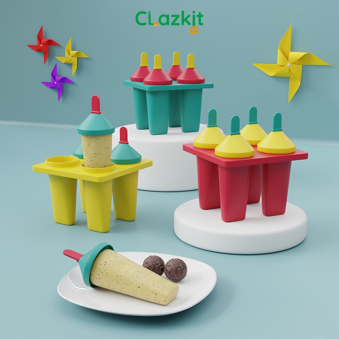 Clazkit Plastic 4 Cavity Reusable Ice Pop Makers, Homemade Popsicle/Frozen Ice Cream/Kulfi Candy for Children & Adults Set of 1 - Multicolor, 11L x 11W x 15H cm 2