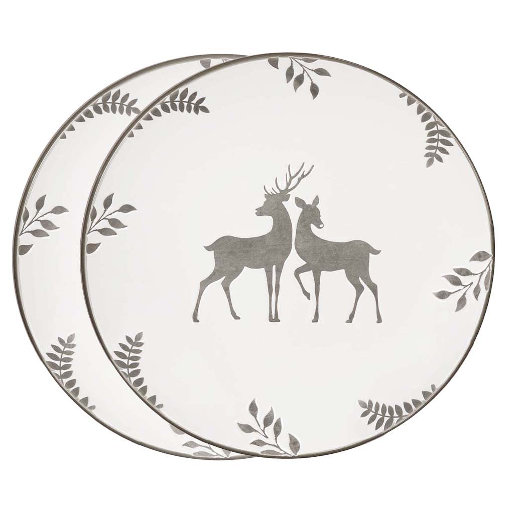 Set of 2 Dinner Plates - Grey & White Reindeer Stoneware Crockery — image 1