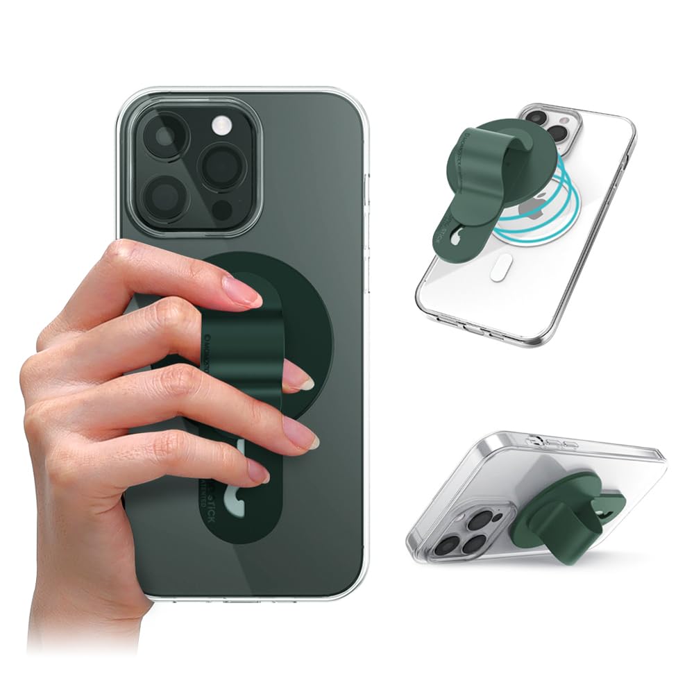 Momostick Mag-FLATSTICK, Magnetic Finger Grip with Stand, Phone Loop, and Finger Holder - Smartphone Accessory Compatible with Most Smartphones - Matte Green