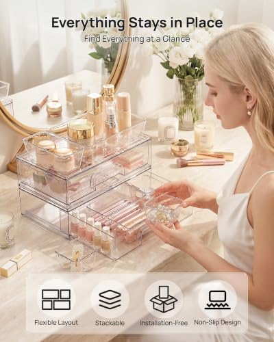 Image of Vtopmart 12-Pack Clear Makeup Organizer Set with Drawer Organizer Bins | 2 Pack Stackable Storage Drawers & 10 Pack Drawer Organizer for Vanity Cosmetic, Bathroom Countertop, Desk
