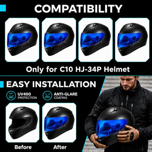 Image of PSLER Shatterproof Motorcycle Helmet Visor for HJ-34P C10,(Film&Deep Blue)