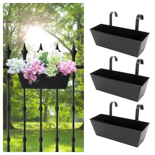 Holensun Railing Planters Outdoor Balcony 16 Inch Deck Over The Railing Planter Boxes Hanging Planters for Fence Flower 3 Pcs (Black)