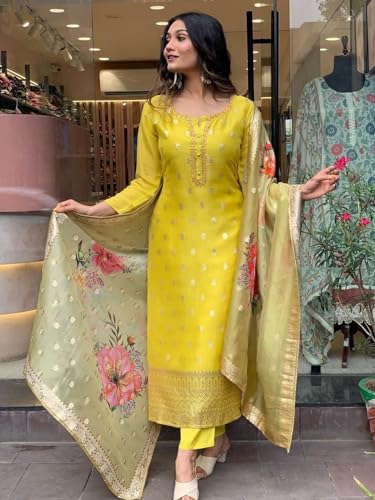 Image of Naixa Women's Viscose Organza Jacquard Embroidered Straight Kurta with Pant and Dupatta Sets (S-Kritika)