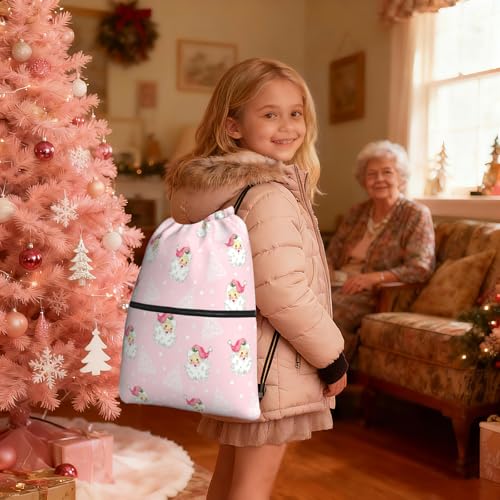 Image of Christmas Tree Santa Claus Drawstring Bag, Waterproof Snowflake Drawstring Bckpack for Gym Sports Xmas Party Gift, Women Durable Pink Sackpack Bag with Front Zipper Pocket and Inside Zipper Pocket