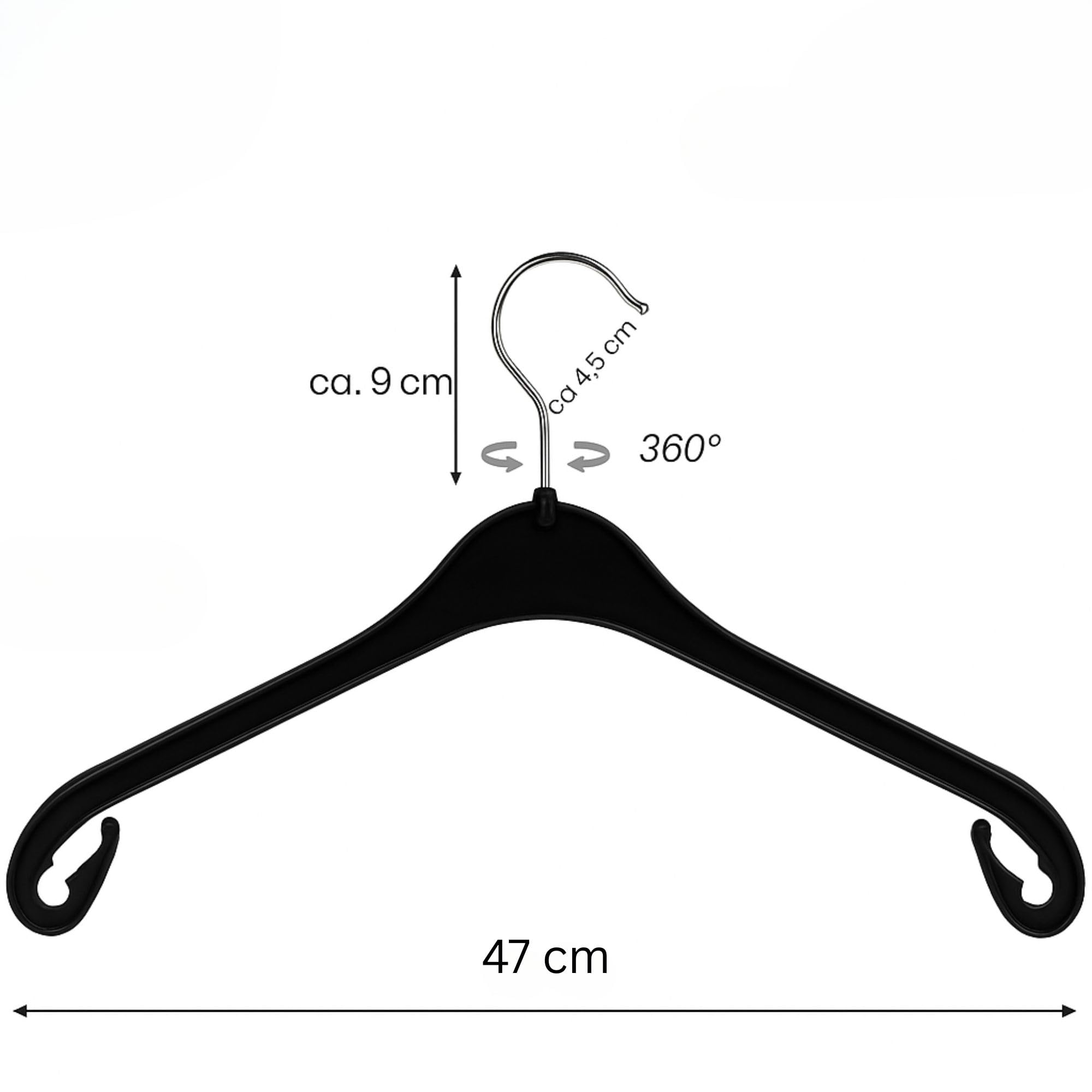 Plastard NA47 Extra-Breite Kleiderbügel 100er Set – 47 cm, für XL-Größen, Mäntel & Anzüge, Jacken, Buisness Kleidung, Kleider 5 kg belastbar, 360° Haken, nur 0,8 cm schmal platzsparend