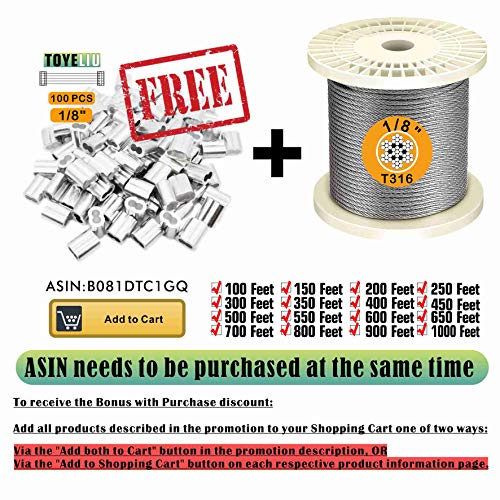 Toyeliu T316-Stainless Steel 1/8'' Aircraft Wire Rope For Cable Deck Railing Kit,Non-Magnetic Marine Grade(100Ft) #TOP6