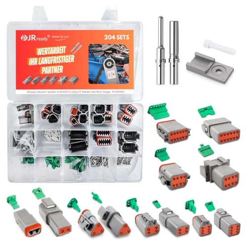 JRready Deutsch Stecker 2/3/4/6/8/12 polig DT-Stecker-Set 12 Sets Versiegelt IP68 Wasserdicht Grau Steckverbinder mit Deutsch Terminal kit Wire Gauge 16-20 AWG für Auto Motorräder LKW Boots