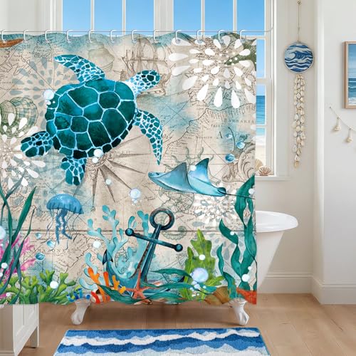 Moutina Nautical Sea Turtle Shower Curtain Ocean Themed Bathroom Decor Coastal Beach Shower Curtain Set - 72x72 Inch Waterproof Polyester Fabric with Hooks