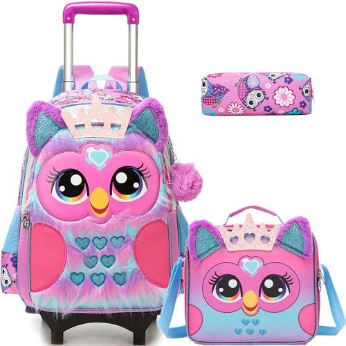 Meetbelify Mochila fofa para meninas com rodas para estudantes do ensino fundamental, mala de viagem preta, Coruja, 16.5' x 11.8' x 6.6'