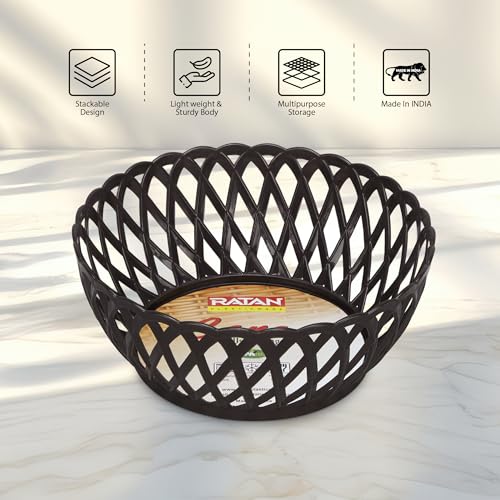 Image of RATAN PLASTICWARE Cane Large Plastic Storage Basket for Fruits, Vegetables & Snacks - Decorative Woven Design for Kitchen, Dining Table & Home Use I Pack of 6 - BEIGE /Dark Brown /OFF WHITE