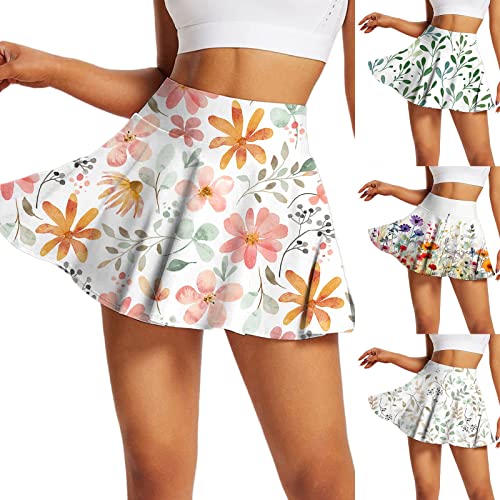 With Pockets Tennis Skorts Casual Sports Robe Womens Golf Skirt Athletic Skort Graceful Pleated Leaf Floral Print Orange #TOP5