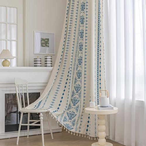 Image of Blue Geometric Curtains 96 Inches Long, Boho Farmhouse Light Filtering Rod Pocket Drapes with Tassel Trim for Bedroom Living Room, 2 Panels