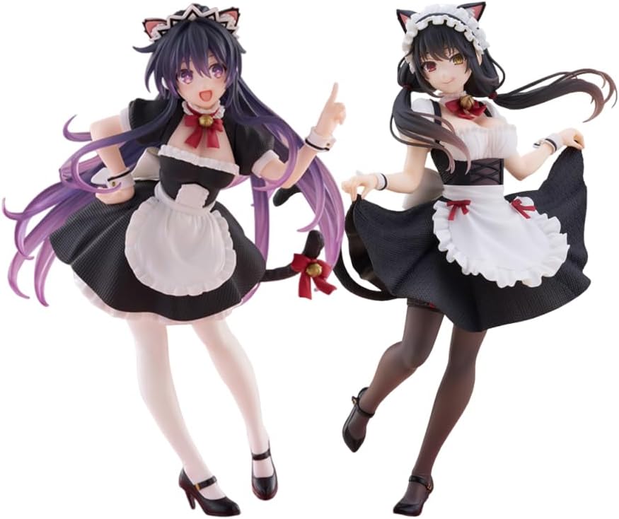 2pcs Tokisaki Kurumi Anime Figure Yatogami Tohka Action Figure Cat Ear Maid Dress Version Desktop Figurine Collections 7.09"