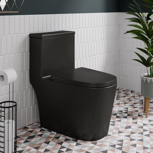 Inodoro de una pieza Antibes, descarga izquierda, distancia de instalación de 12", capacidad de descarga de 1,28 GPF, forma alargada, color negro mate miniatura 6