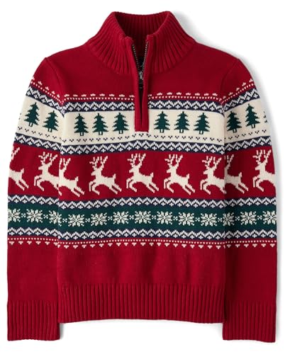 The Childrens Place Boys Long Sleeve Quarter Zip Pullover Sweater Redochre Fairisle XX-Large