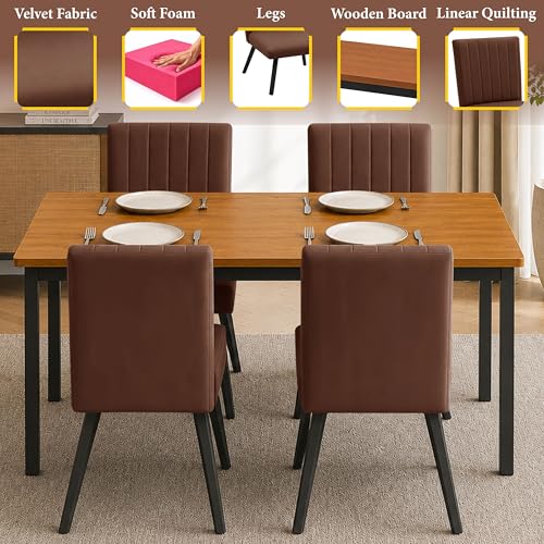 Image of Rosebell Set of 4 Dining Table Chairs with Wooden Top Table, Upholstered Cushioned Chairs, Modern Compact Dining Set for Home, Kitchen & Dining Room (Brown)