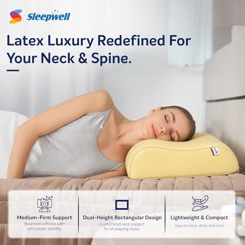 Image of Sleepwell Restora Pro Latex Ortho Natural Latex Pillow | Yellow | Hypoallergenic & Breathable | Cervical Pillow for Neck & Head | Ergonomic Contour Design | 24 x 16 Inches | Pack of 1