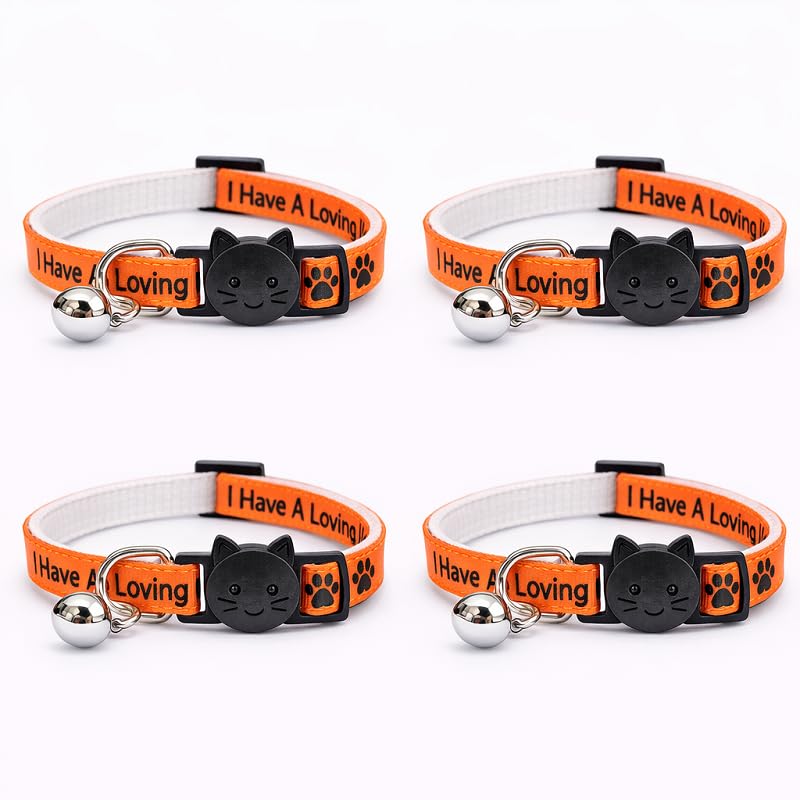 Worded Cat Collars – Please Do Not Feed Me, I Am Microchipped | Safe Quick Release Breakaway Buckle | Zacal Cat Collars (Pack of 4, Orange, I Have A Loving Home)
