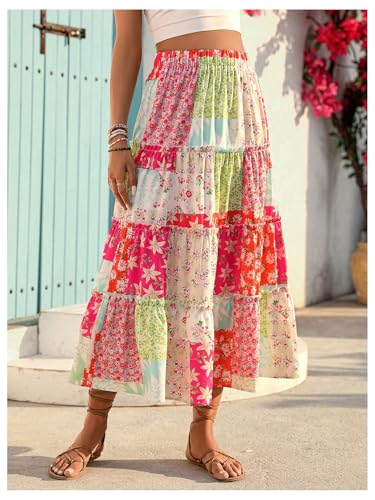 Women's Floral Color Block Ruffle Layered Skirts Boho Vacation Summer Midi Skirt4