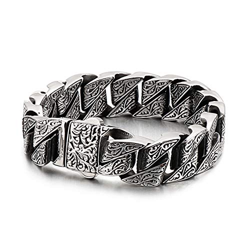 Qiaonitu 20mm Punk Chunky Curb Cuban Link Chain Bracelet Men Vintage Flower Stainless Steel Myterious Symbol Charm Bike Chain Biker Jewelry (Silver Black, 21)