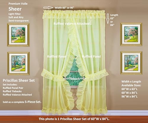 Image of Today's Curtain, Emelia Priscilla Sheer Pair 96 inch W x 84 inch L, Yellow, 5-Piece-Set