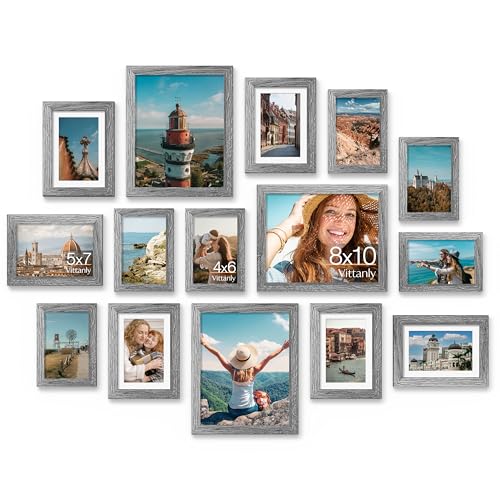 Image of Vittanly 15 Pack Picture Frames Collage Wall Decor for Mounting or Tabletop Display, Gallery Frame Set for Family, Multi Sizes Including 3pcs 8x10, 6pcs 5x7, 6pcs 4x6, Grey