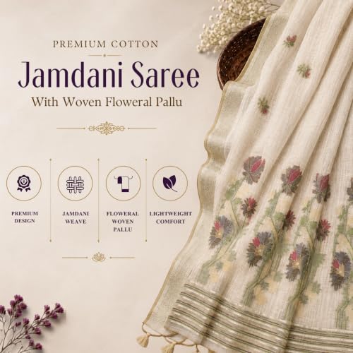 Image of Premium Cotton Jamdani Saree with Woven Floral Pallu & Matching Blouse Piece | Soft Lightweight Ethnic Wear for Women