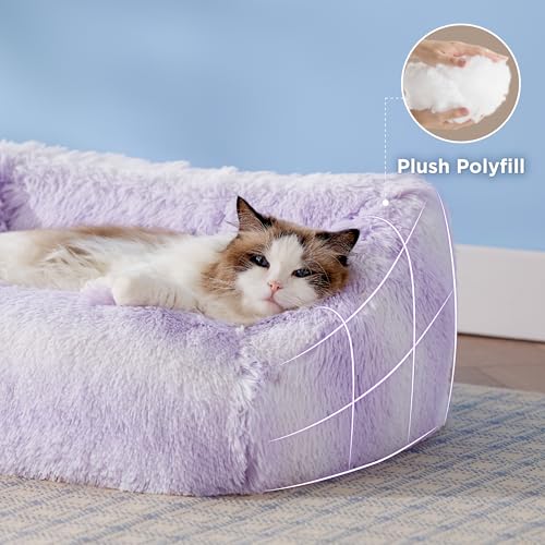 Lesure Cute Cat Bed Indoor - Furry Cat Bed Large, Washable Calming Small Dog Beds for Puppy with Fashion Design, 26x21x9inches, Purple Stripe - Thumbnail 2