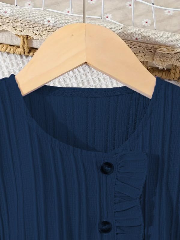 Image of Niren Enterprise Stylish Girls' Pleated Jumpsuit with Ruffle Sleeves, Button-Down Front, and Waist Belt - Comfortable Casual Outfit for Kids