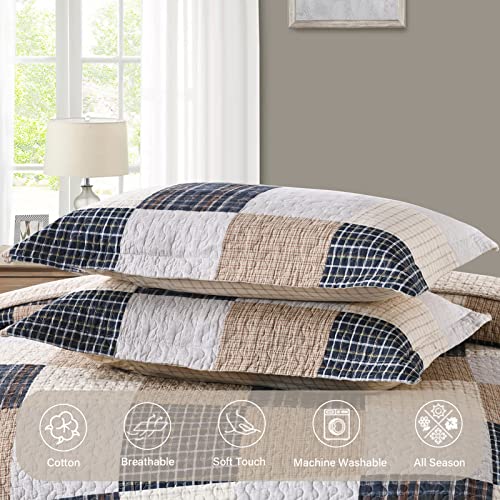 Image of Finlonte Quilt - 100% Cotton Queen Size Bedspreads, Brown Plaid, Lightweight, 3-Pieces