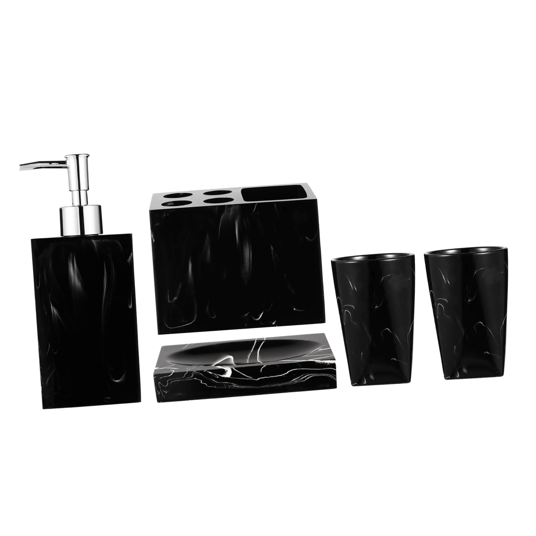 Set de Accesorios de Baño Negro de Resina Jaspeada Botellas de Mano, Soporte para Cepillos de Dientes y Jabonera, Fácil de Limpiar y Cómodo para Uso Diario