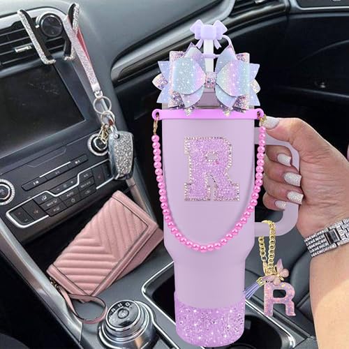 Hpebl 9PCS Purple for Stanley Cup Accessories Set Bling Initials Bow Charms for Stanley Decorations 30/40 Oz Tumbler Accessories Including Bow Straw Topper, Handle Strap, Spill Stopper（Letter R） - image 6