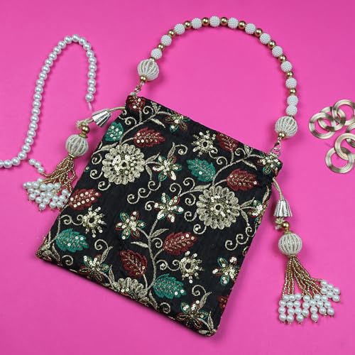 Image of LONGING TO BUY Indian Embroidered Pearl Potli Bag For Women, Sequence Design with Tassel, Wedding Potli Bags