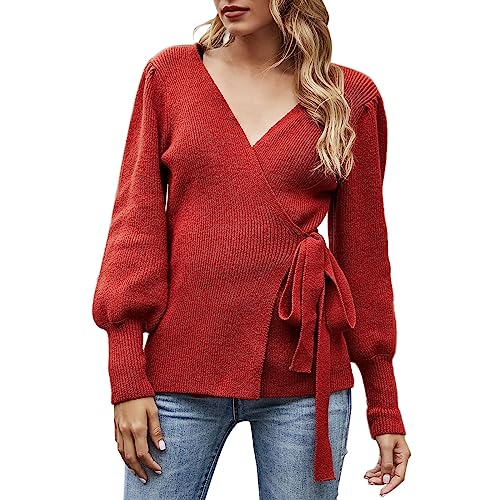 Suéter de punto ligero con cuello en V para mujer, suéter suelto de manga larga para mujer, suéter cálido de color sólido con cordón para mujer, suéteres de gran tamaño para otoño e invierno, cárdigan
