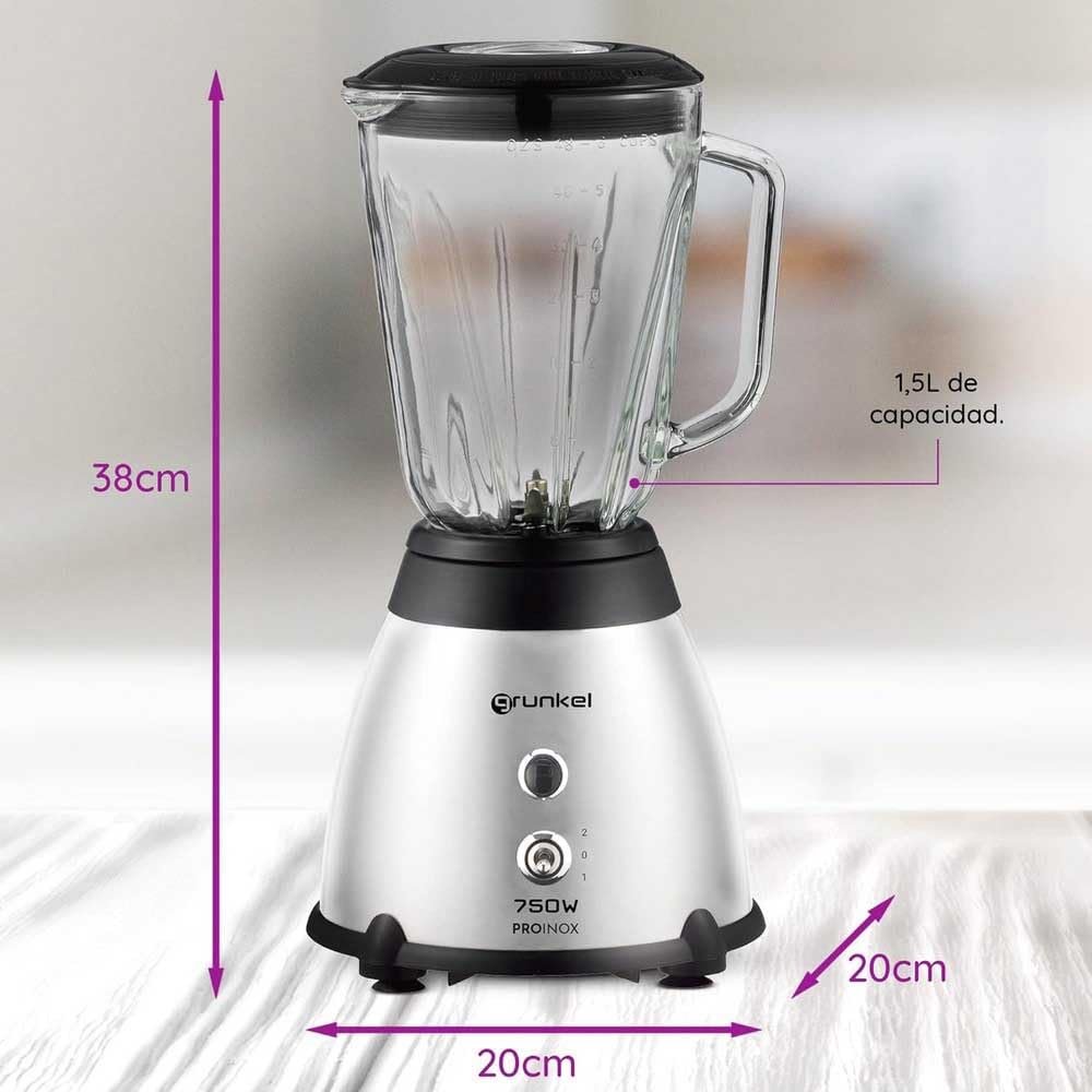 Grunkel batidora de vaso de 1 a 1,5L y de 500 a 2000W con vaso extraible de cristal. De fácil limpieza y de 2 a 4 niveles y Turbo (1,5L 750W)
