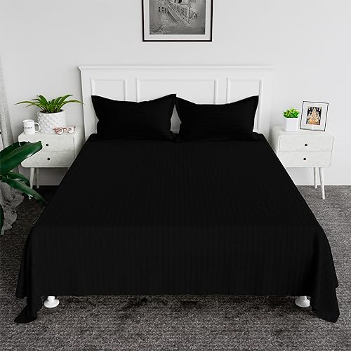Image of Kuber Industries Double Bedsheet with 2 Pillow Covers | 144 TC Glace Cotton Bedsheet | Satin Striped Bedsheet for Home | Bedroom | 90x100 Inch | Black