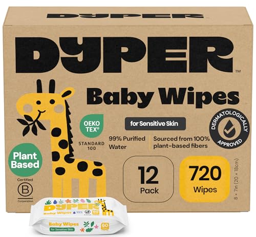 DYPER Baby Wipes Unscented (720 Count) - 99% Water-Based & Hypoallergenic Baby Wipes, Made with Plant-Based Materials, Gentle for Sensitive Skin, Fragrance & Plastic-Free Wet Wipes, 12 Pack