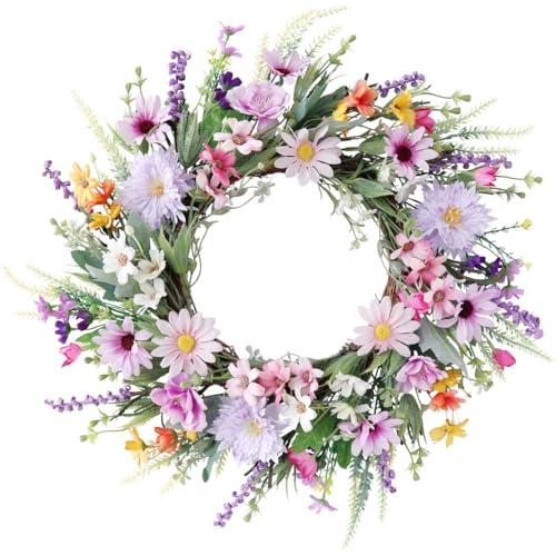 50CM Spring Wreath for Front Door Summer Artificial Daisy Lavender Wreath Wildflower Summer Silk Wreaths for Home Wall Wedding Festival Farmhouse Holiday Decorr (Multicolor)