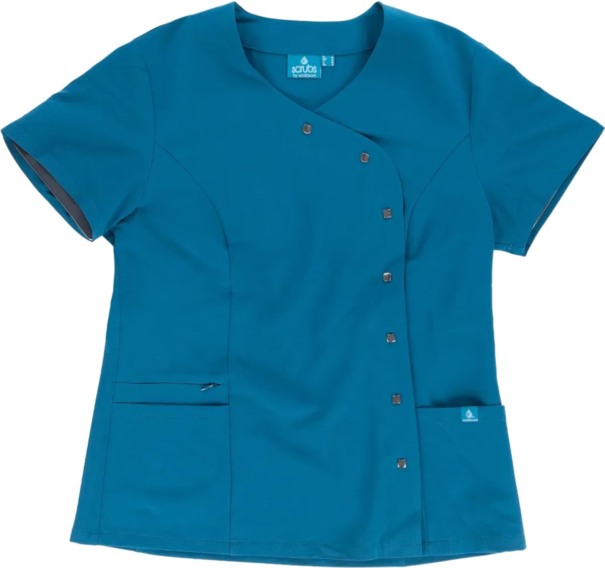 WORKTEAM Casaca Sanitaria Mujer, Tejido Elástico Scrubs, Entallada, Cruzada, Manga Corta, Corchetes Metálicos y Bolsillos.