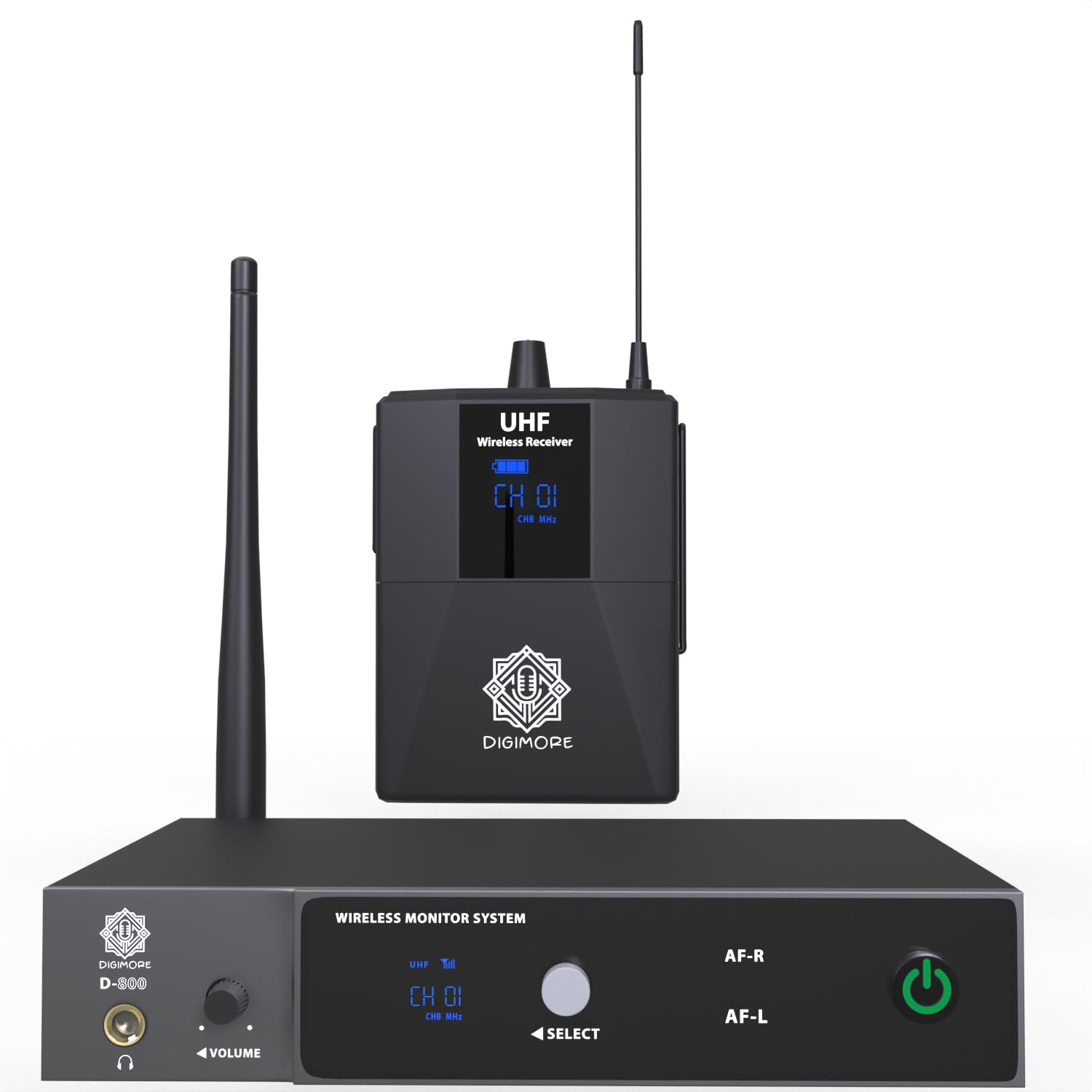 DIGIMORE UHF Wireless in-Ear Monitor System | 300 Ft Range | Rack Mounts | Professional IEM with No Noise & Crisp Monitoring | for Studio, Guitar, Band Rehearsal, Live Performance (D-800)